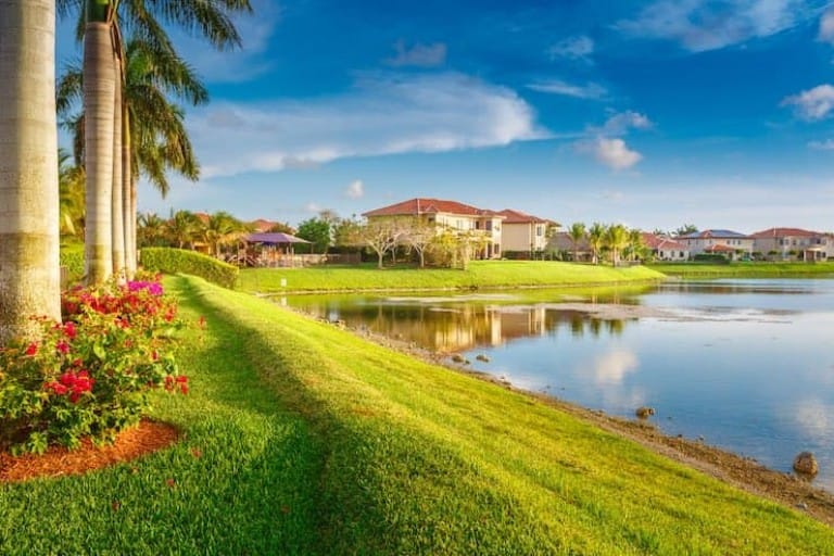 Properties overlooking water with grass and palm trees surrounding them