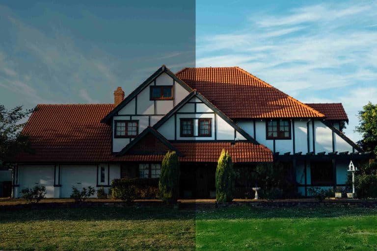 Split image of a house with a garden lawn showing unhealthy and healthy grass