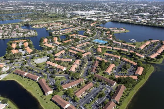 Housing community view from the sky looking down surrounded by water and greenery