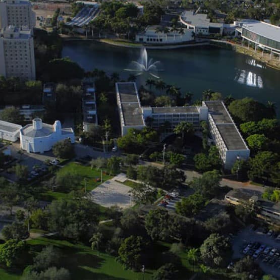 Birdseye view of commercial office buildings surrounded by trees and grass