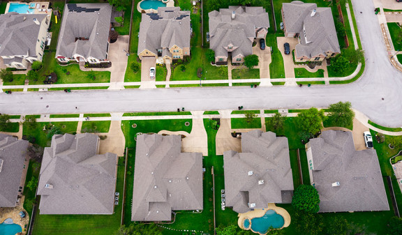 Birdseye view looking down on a housing estate street view