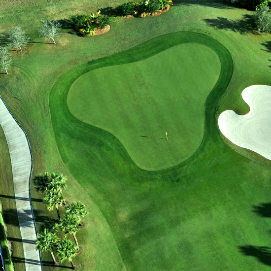 Looking down on the striped green of a golf course in Florida