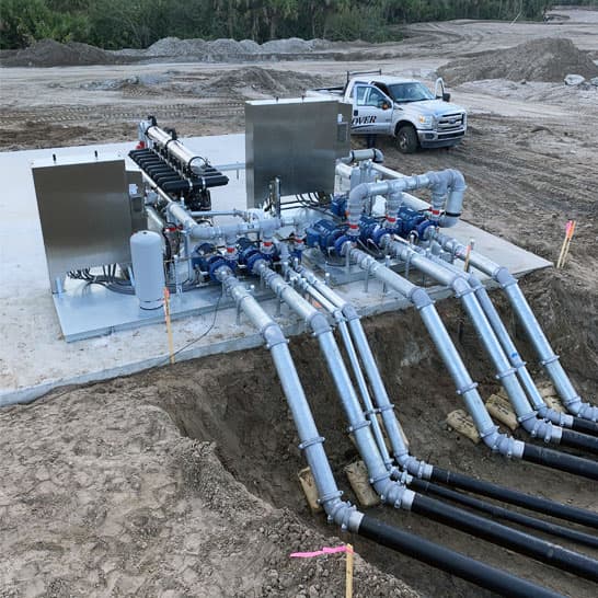 Pipelines leaving the back of a Hoover Irrigation Pump Station